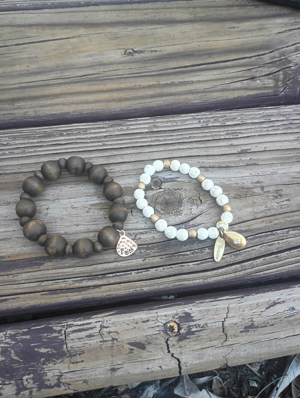 Faith Charm Brown Wood Bead Bracelet and White Lava Stretch Plunder Bracelet Set